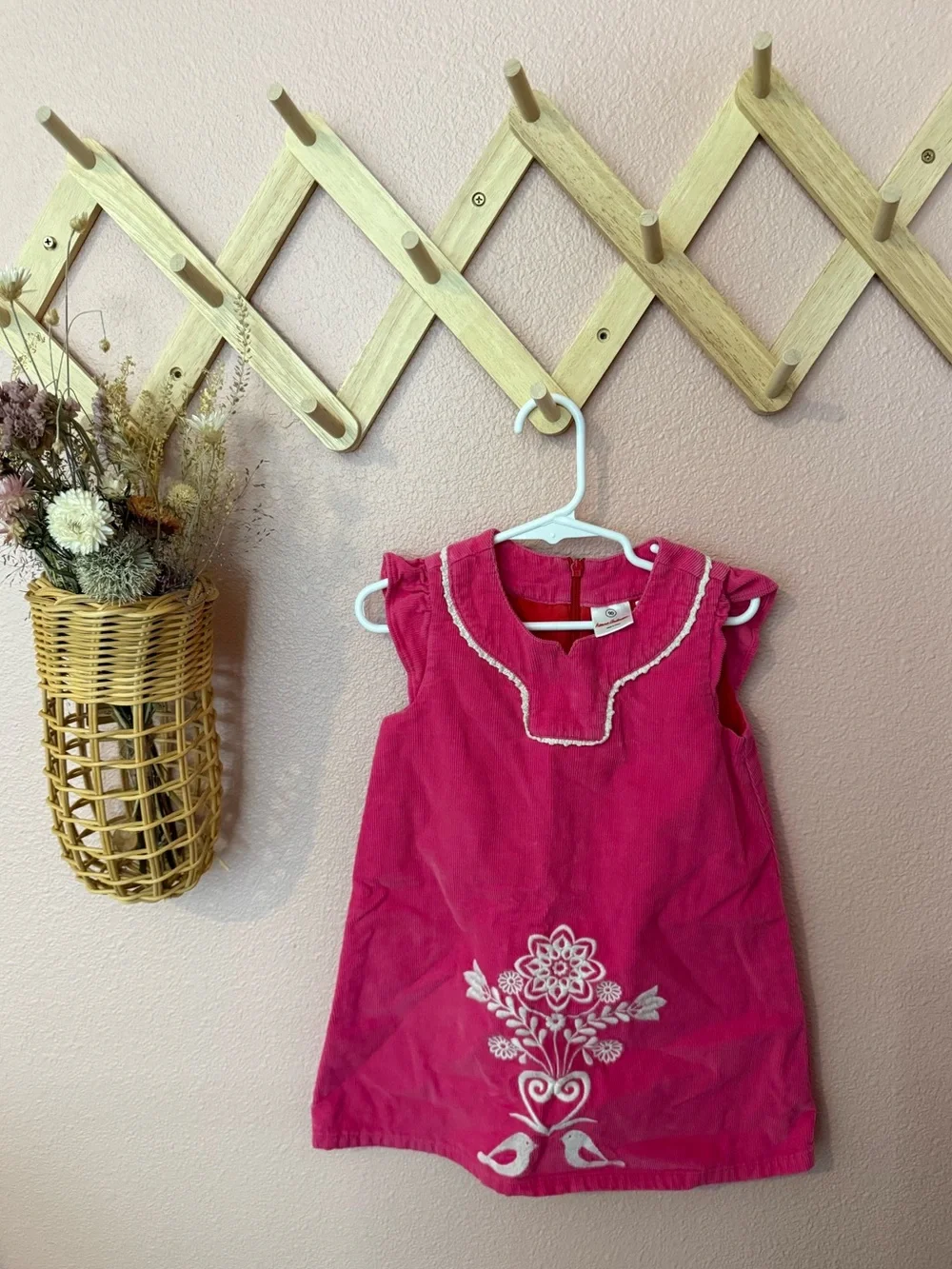 Hanna Andersson Girls Pink Embroidered Sleeveless Corduroy Dress